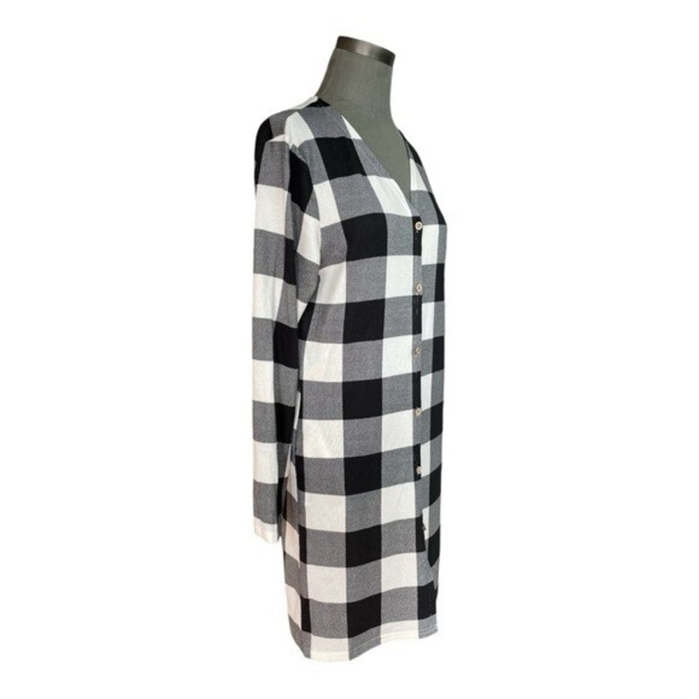 Womens Buffalo Plaid Shirt Dress Black White Button Front Tunic Size M NWT - Picture 4 of 7